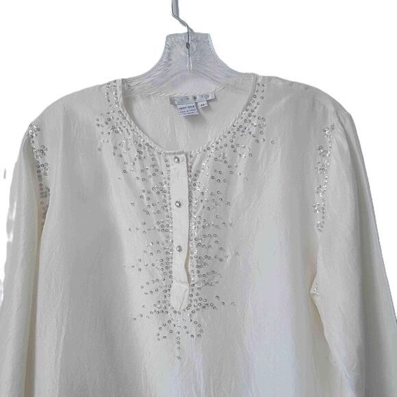 VINTAGE NINETY White Cotton Linen Embroidered Long Sleeve Tunic Size Medium - Picture 2 of 6
